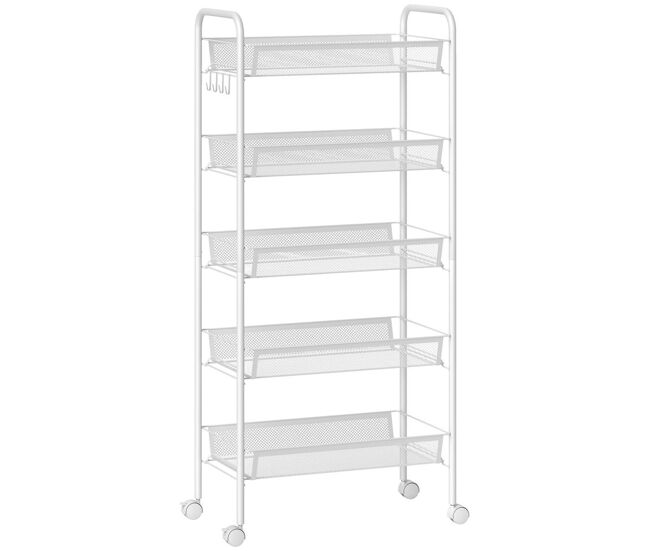 Homcom carrinho auxiliar com rodas, estante de cozinha de 5 níveis, carrinho com 4 ganchos, suporta até 15 kg, ideal para cozinha, sala de estar ou