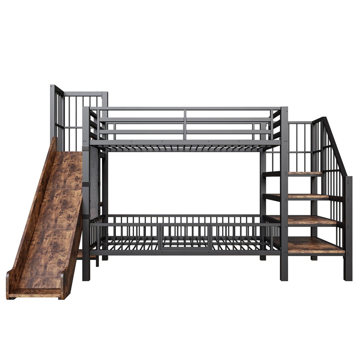 Cama alta infantil metálica 90x200 - com escorregador e escada de armazenamento - preta