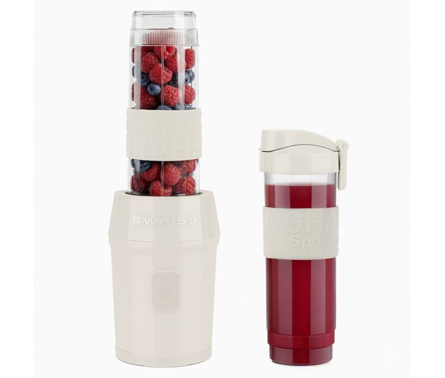 Sweiss mini liquidificadora portátil moov8, smoothie maker, 2 garrafas de 570 ml com tampas de viagem, 4 lâminas em aço inoxidável, 300w, bege