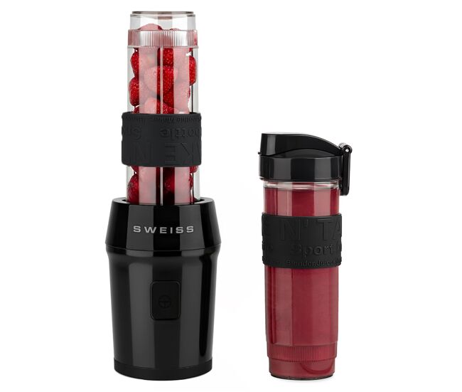 Sweiss mini liquidificadora portátil moov9, smoothie maker, 2 garrafas de 570 ml com tampas de viagem, 4 lâminas em aço inoxidável, 300w, preta