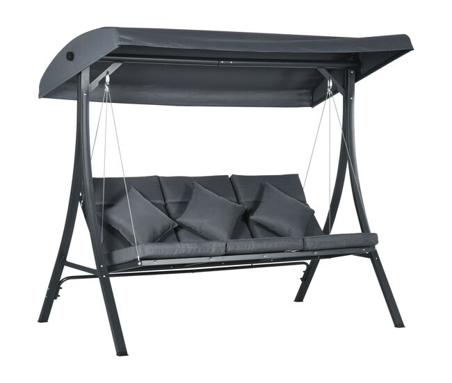 Outsunny baloiço de jardim de 3 lugares com toldo ajustável, almofadas, estrutura de aço, ideal para terraço e jardim, capacidade de 320 kg, cinzento