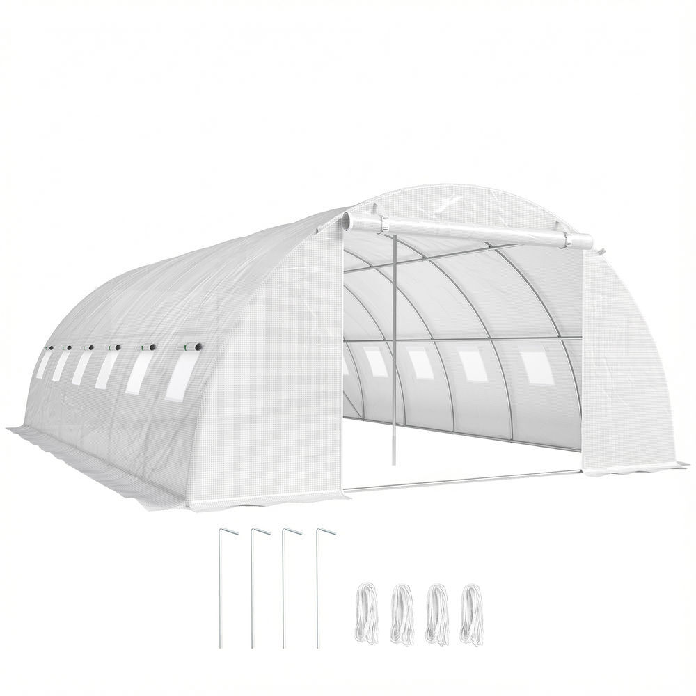 Outsunny estufa de exterior 6x4x2 m, estufa tipo túnel com 2 barras de suporte, portas enroláveis, janelas com rede, cobertura de pe e estrutura de