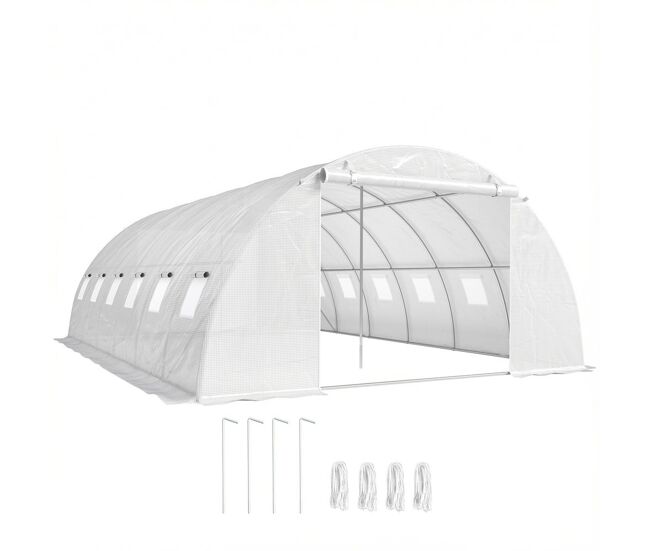 Outsunny estufa de exterior 6x4x2 m, estufa tipo túnel com 2 barras de suporte, portas enroláveis, janelas com rede, cobertura de pe e estrutura de