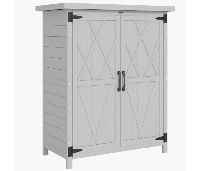 Outsunny armário de jardim de madeira 75x40x90 cm armário de exterior armário para armazenamento de ferramentas com 4 prateleiras 2 portas e telhado