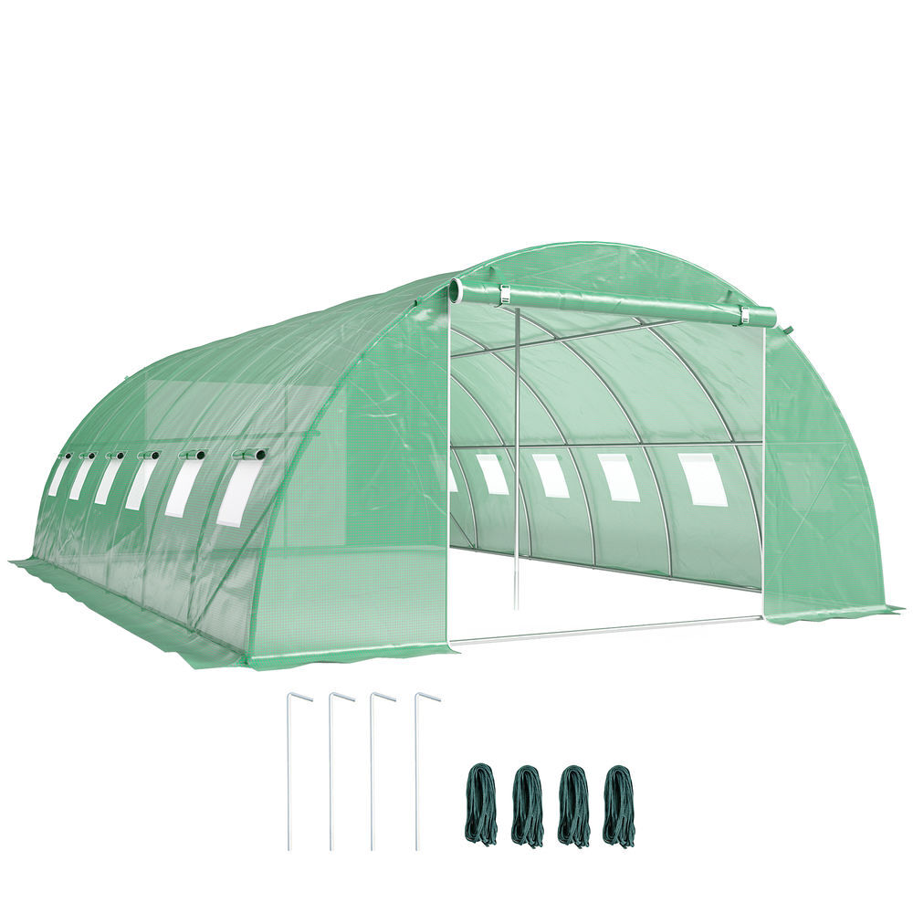 Outsunny estufa de exterior 6x4x2 m, estufa tipo túnel com 2 barras de suporte, portas enroláveis, janelas com rede, cobertura de pe e estrutura de