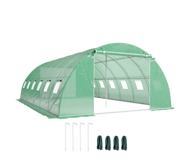 Outsunny estufa de exterior 6x4x2 m, estufa tipo túnel com 2 barras de suporte, portas enroláveis, janelas com rede, cobertura de pe e estrutura de