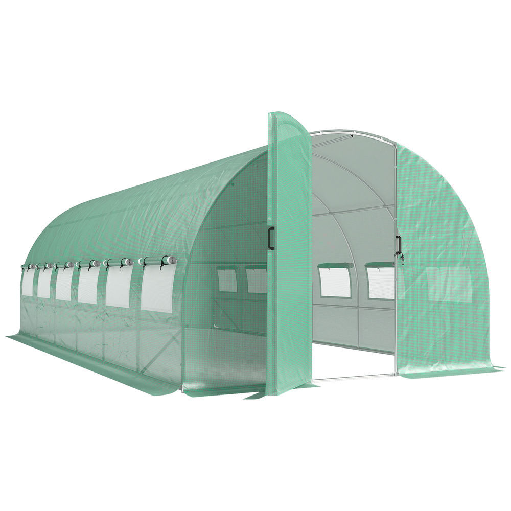 Outsunny estufa de exterior 6x3x2 m estufa túnel com porta com dobradiças janelas com rede cobertura pe 140g/m² e estrutura de aço galvanizado anti-uv