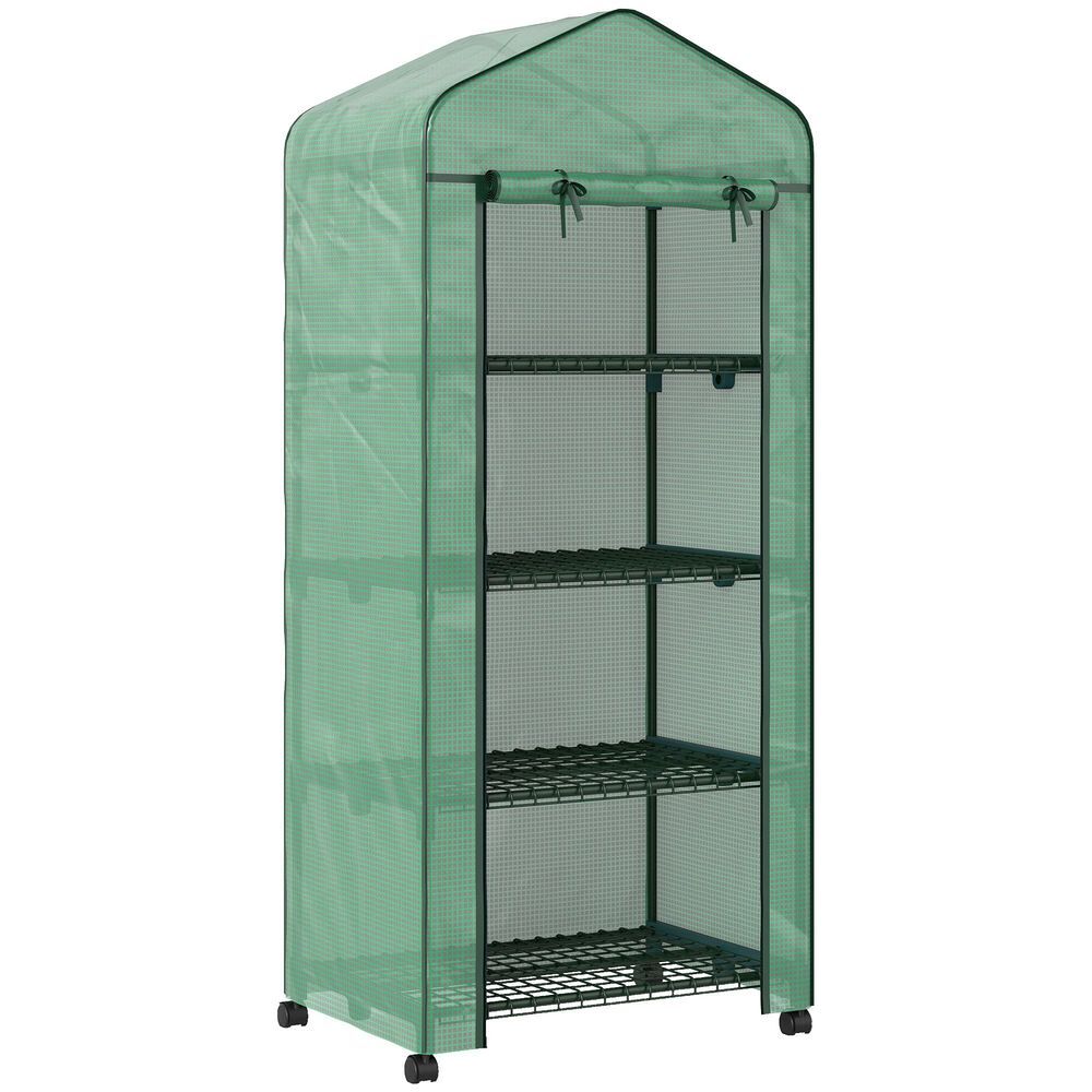 Outsunny estufa de exterior com 4 étagères e rodas estufa de jardim com porta enrolável estrutura em acier e cobertura de pe 140g/㎡ anti-uv para terraço pátio 69x50x165 cm verde