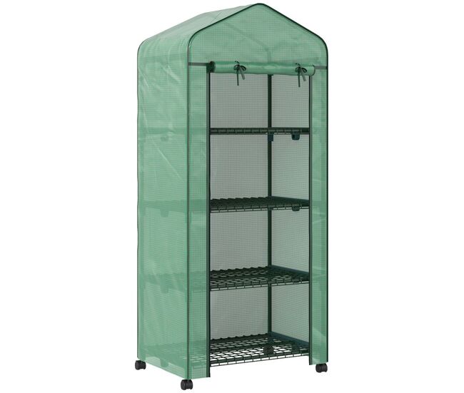 Outsunny estufa de exterior com 4 étagères e rodas estufa de jardim com porta enrolável estrutura em acier e cobertura de pe 140g/㎡ anti-uv para terraço pátio 69x50x165 cm verde
