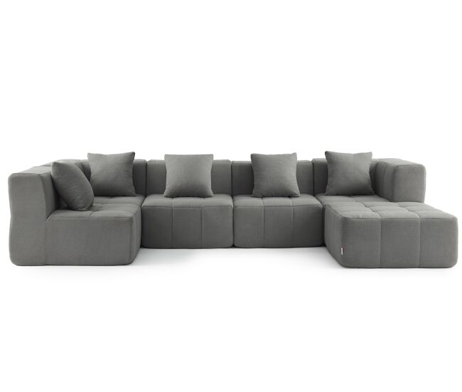Sofá de canto modular de 5 lugares com chaise longue, tecido bouclé na cor cinza nuvem