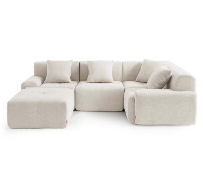 Sofá de canto modular de 4 lugares com chaise longue, tecido chenille na cor branco marfim