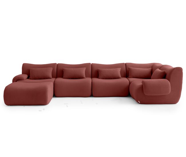 Sofá de canto modular de 5 lugares com chaise longue, tecido bouclé na cor rouge terracota