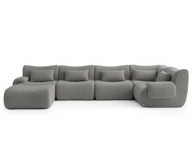 Sofá de canto modular de 5 lugares com chaise longue, tecido bouclé na cor gris nuvem