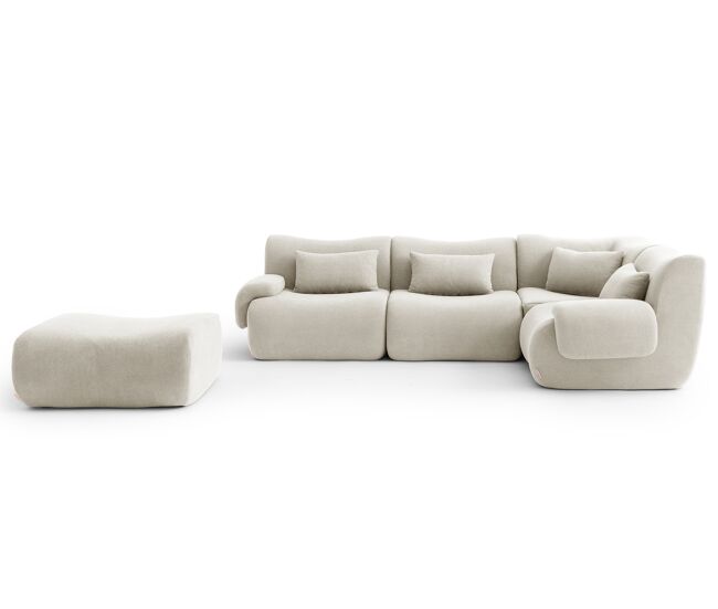 Sofá de canto modular de 4 lugares com chaise longue, tecido bouclé na cor bege creme