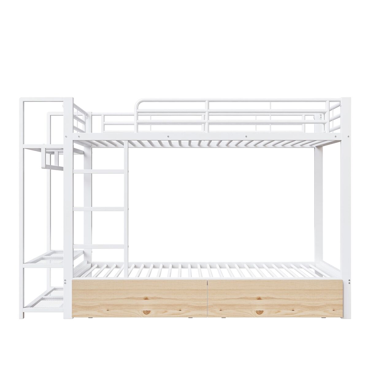 Beliche 90x200 cm - estrutura em ferro, 2 gavetas, prateleiras, led, barra para roupa - branco