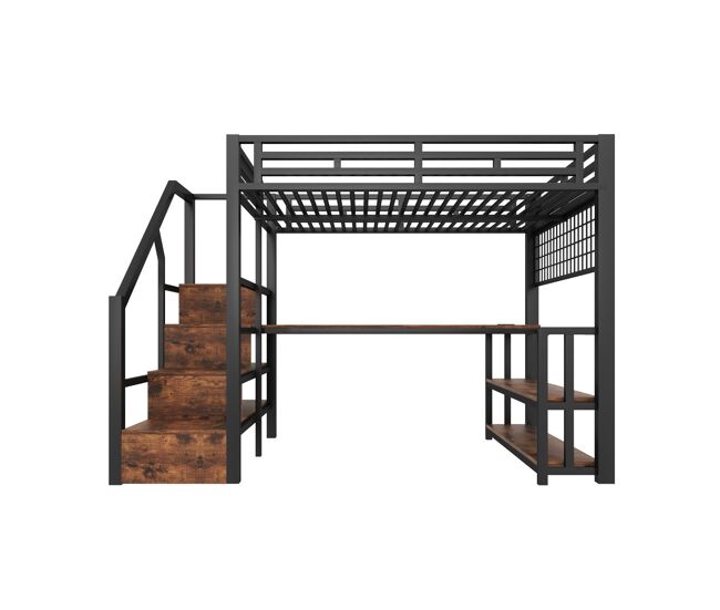 Cama alta 140x200 cm - estrutura em ferro, secretária, led, estante, usb/tipo-c - preto