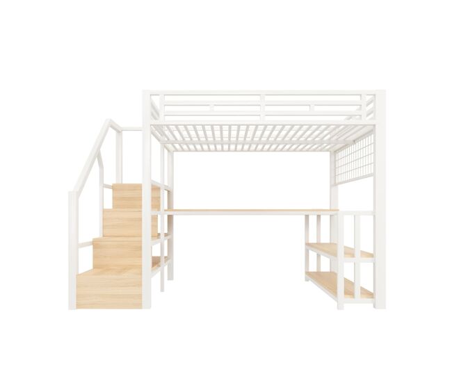 Beliche alto 140x200 - estrutura metálica, estante, secretária, led, usb, tipo-c - branco