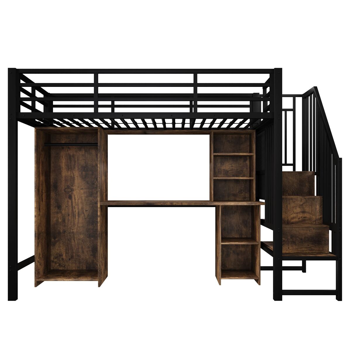 Cama alta 90x200 cm - estrutura de ferro, armário, secretária e escada com arrumação - preto