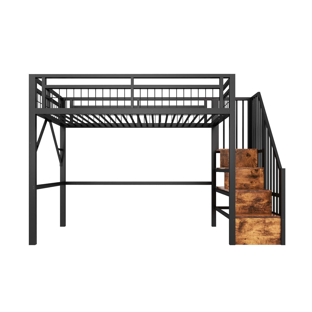 Cama alta 90x200 cm - estrutura em ferro, led, escada com arrumação, espaço livre - preto