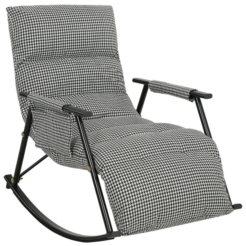 Homcom poltrona baloiço com encosto e apoia-pés ajustáveis poltrona baloiço 105° estofada em linho com bolso lateral e estrutura de metal suporta 120 kg para quarto sala preto e branco