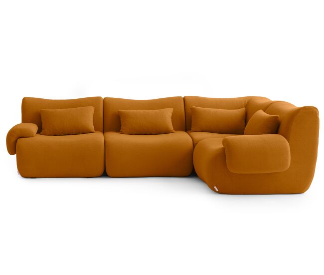 Sofá de canto modular de 4 lugares, tecido bouclé na cor marrom canela
