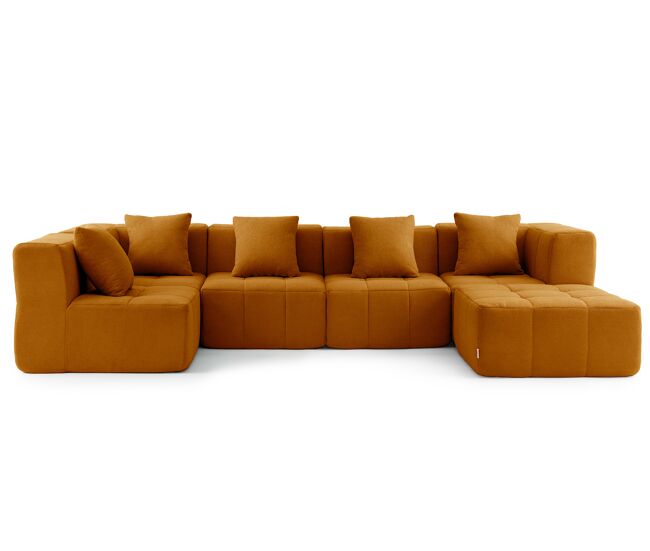 Sofá de canto modular de 5 lugares com chaise longue, tecido bouclé na cor marrom canela