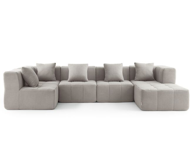 Sofá de canto modular de 5 lugares com chaise longue, tecido bouclé na cor bege pedra