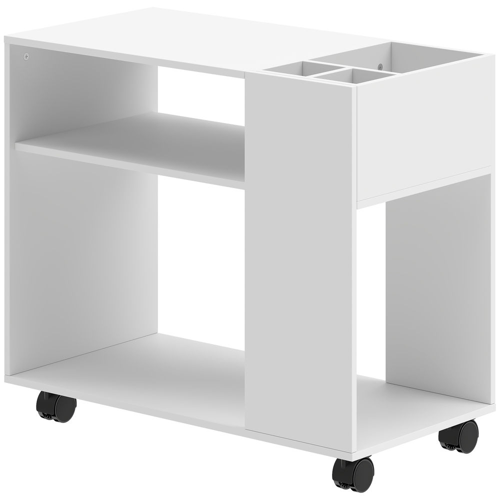 Homcom mesa de apoio com rodas mesa com compartimentos superiores e prateleiras abertas para quarto sala escritório 70x36x60 cm branco