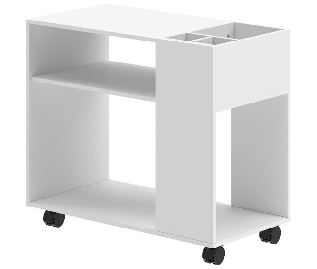 Homcom mesa de apoio com rodas mesa com compartimentos superiores e prateleiras abertas para quarto sala escritório 70x36x60 cm branco