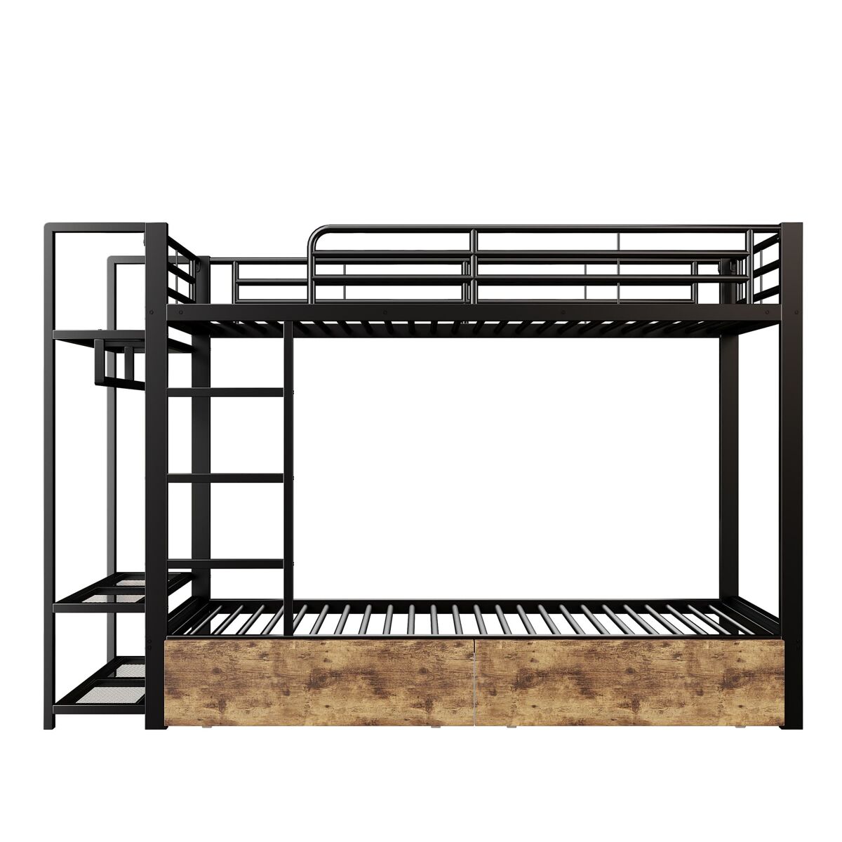 Beliche 90x200 cm - estrutura em ferro, 2 gavetas, prateleiras, led, barra para roupa - preto