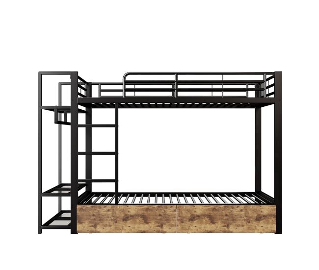 Beliche 90x200 cm - estrutura em ferro, 2 gavetas, prateleiras, led, barra para roupa - preto