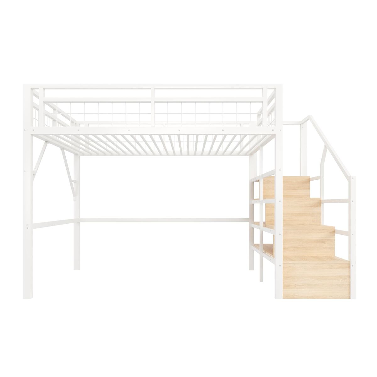 Cama alta 140x200 cm - estrutura em ferro, led, escada com arrumação, espaço livre - branco