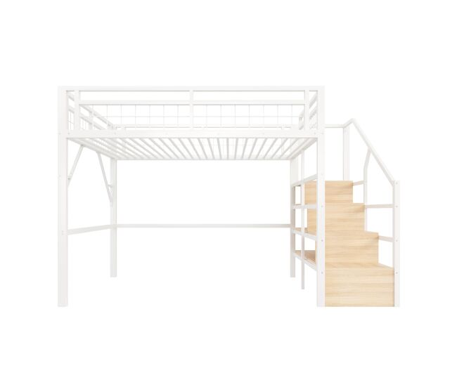 Cama alta 140x200 cm - estrutura em ferro, led, escada com arrumação, espaço livre - branco