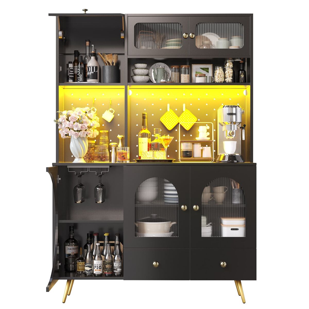 Armário alto led - armário de cozinha com usb, tomadas, prateleiras de vidro e painel perfurado - preto