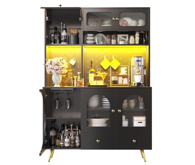 Armário alto led - armário de cozinha com usb, tomadas, prateleiras de vidro e painel perfurado - preto