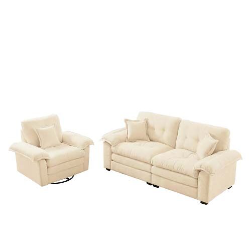 Sofá de 2 lugares + poltrona de 1 lugar - chenille, acolchoado duplo e almofadas decorativas - bege