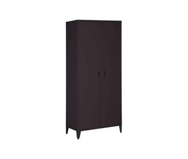 Guarda-roupa industrial em metal com 2 portas, 4 prateleiras, 1 cabideiro, soho, preto, 48x80x181 cm