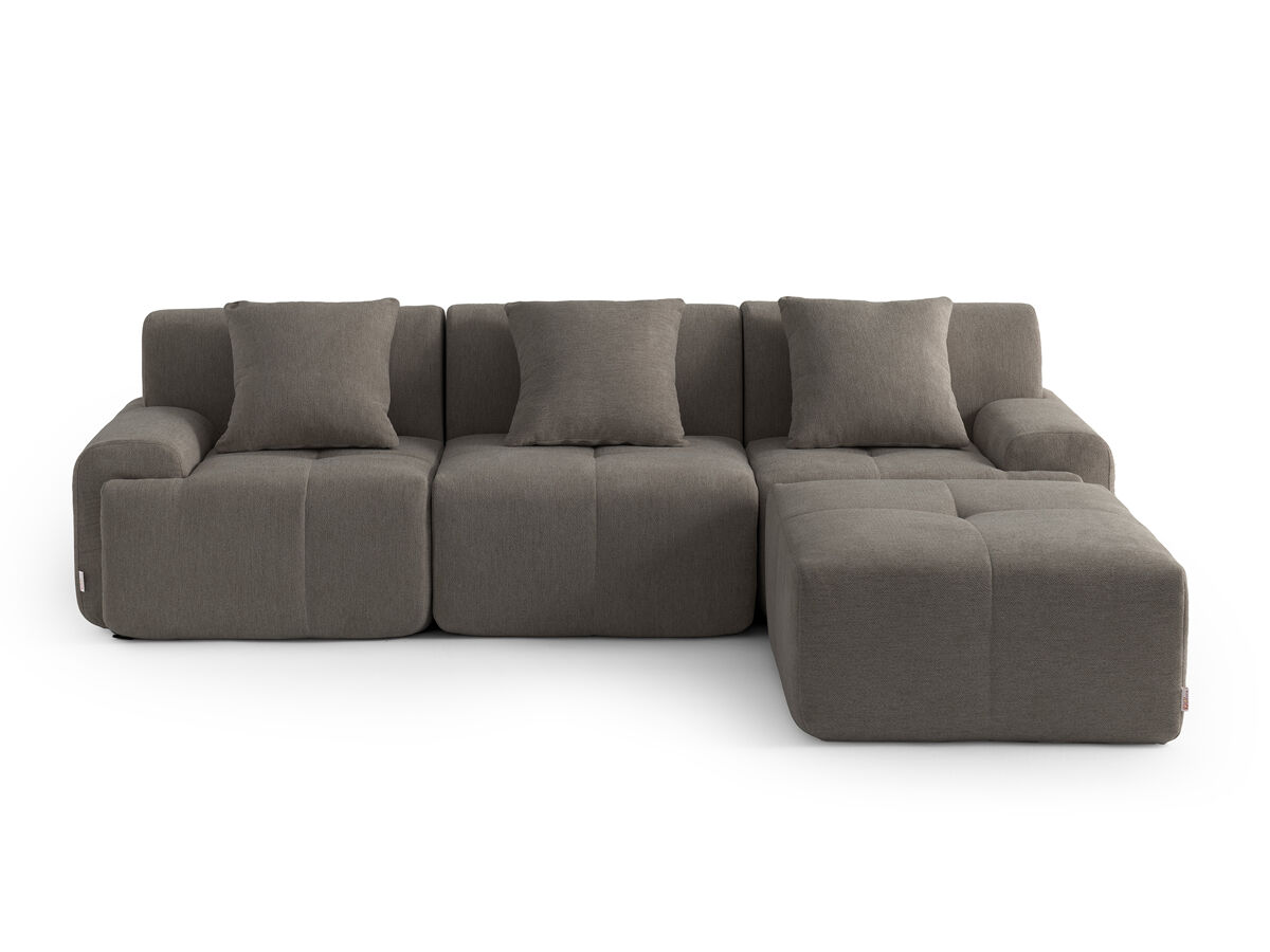 Sofá modular de 3 lugares com chaise longue, tecido chenille na cor castanho acinzentado