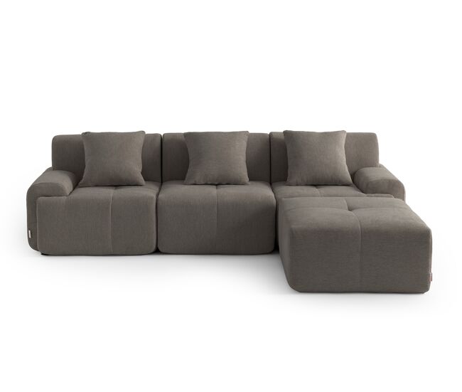 Sofá modular de 3 lugares com chaise longue, tecido chenille na cor castanho acinzentado