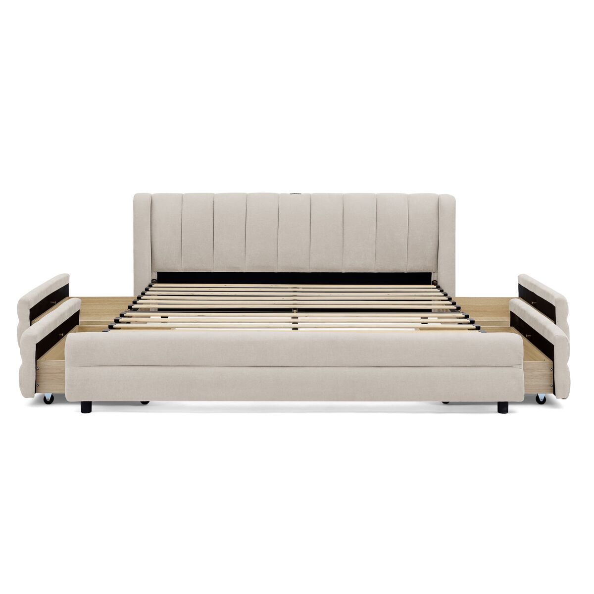 Cama de casal 140x200 cm - arrumação lateral, porta usb, chenille ergonómica - bege