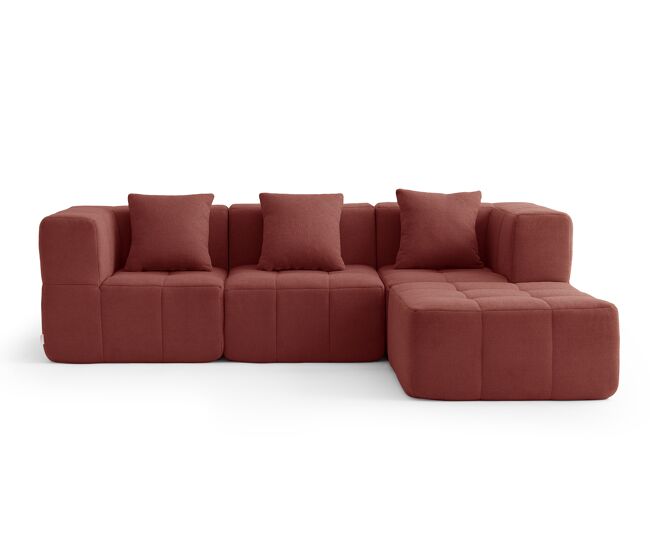 Sofá modular de 3 lugares com chaise longue, tecido bouclé na cor rouge terracota