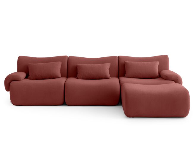 Sofá modular de 3 lugares com chaise longue, tecido bouclé na cor vermelho terracota
