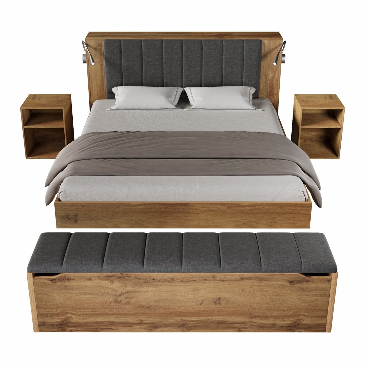 Cama de casal 160x200 cm - cabeceira rebatível, arrumação, mesas de cabeceira, candeeiros usb - carvalho