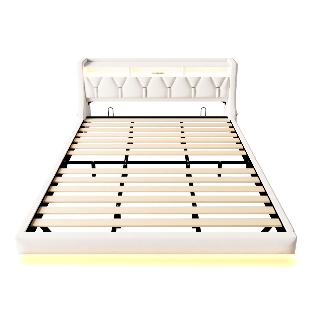 Cama estofada 180 x 200 cm - cabeceira rebatível com tomada elétrica e prateleira, iluminação led, pés ampliados, design flutuante, tecido de veludo