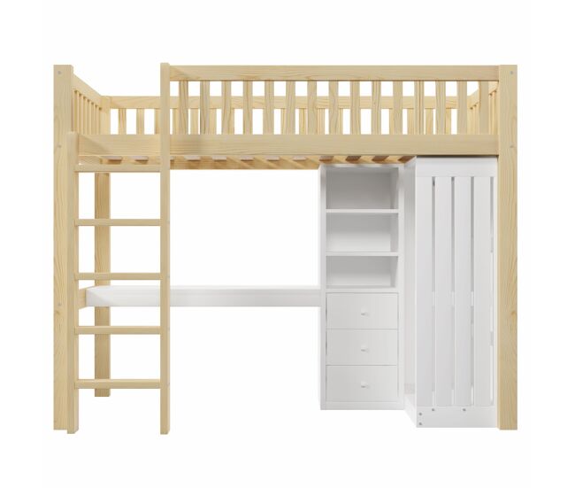 Cama alta 90x200 cm - secretária, armário, 3 gavetas, estante, grade, escada - natural