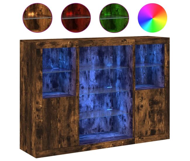 Aparadores - bufetes - móveis de apoio c/ leds 3 pcs derivados de madeira carvalho fumado pt2107