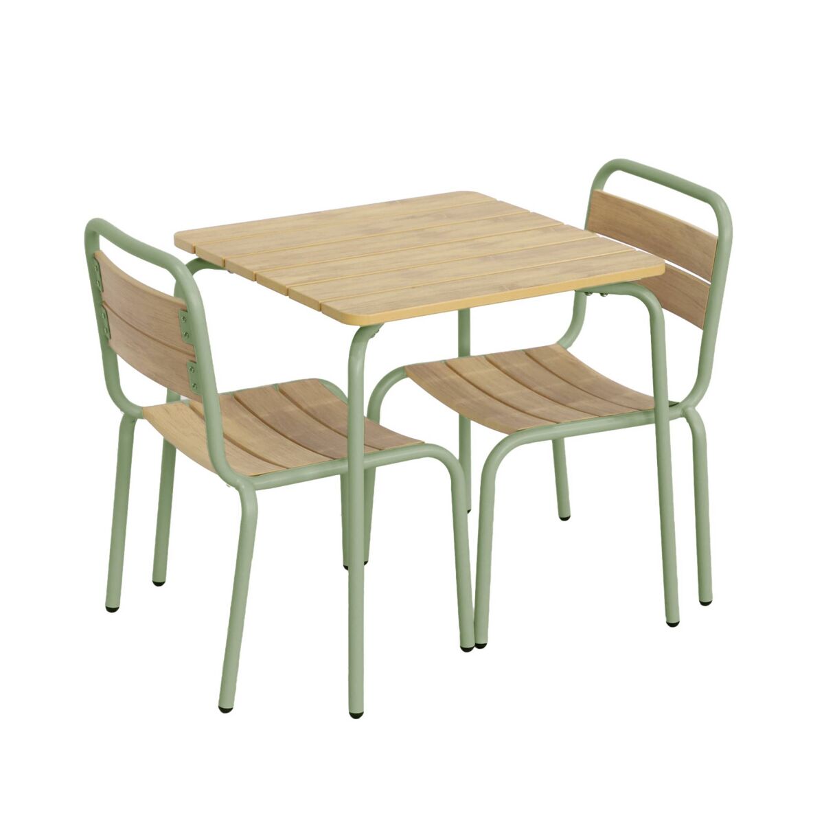 Mesa de jardim infantil em acier e decoração em madeira con 2 assentos verde gris - 48x48x47 cm