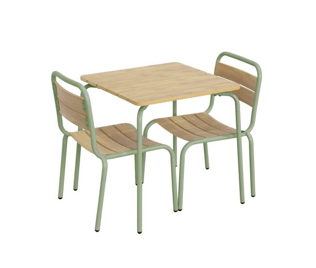 Mesa de jardim infantil em acier e decoração em madeira con 2 assentos verde gris - 48x48x47 cm
