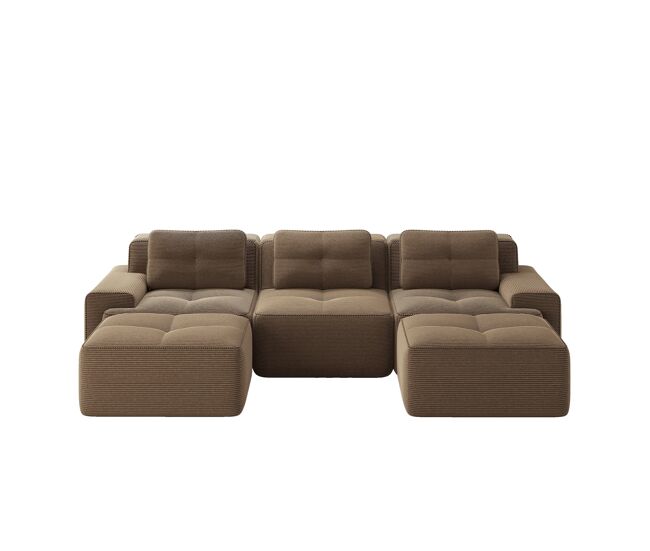 Sofá modular u 3 lugares - veludo cotelê, montagem livre, com otomano - castanho