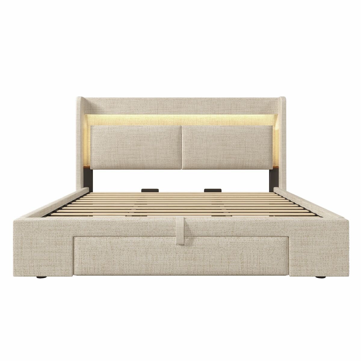 Cama estofada 180x200 - armazenamento hidráulico, cabeceira com compartimento, led, usb/usb-c - bege
